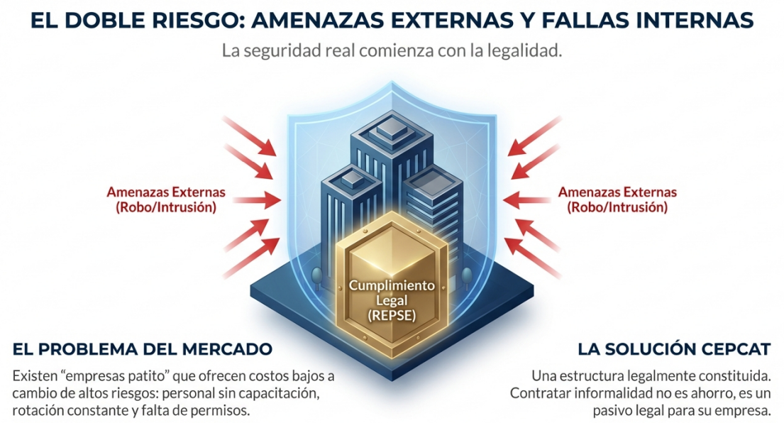 Infografía: El Doble Riesgo en Seguridad Privada - Amenazas Externas como robo e intrusión combinadas con Fallas Internas de empresas sin permisos. CEPCAT ofrece la solución con estructura legalmente constituida, cumplimiento normativo y respaldo legal.