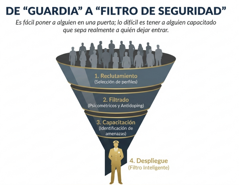Infografía: De Guardia a Filtro de Seguridad - Proceso de reclutamiento CEPCAT: 1. Selección de perfiles, 2. Psicométricos y Antidoping, 3. Capacitación en identificación de amenazas, 4. Despliegue como Filtro Inteligente.