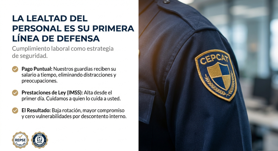 Infografía: La Lealtad del Personal es su Primera Línea de Defensa - Pago puntual, Prestaciones de Ley IMSS desde el primer día, Baja rotación y mayor compromiso. CEPCAT cuida a quien lo cuida a usted.