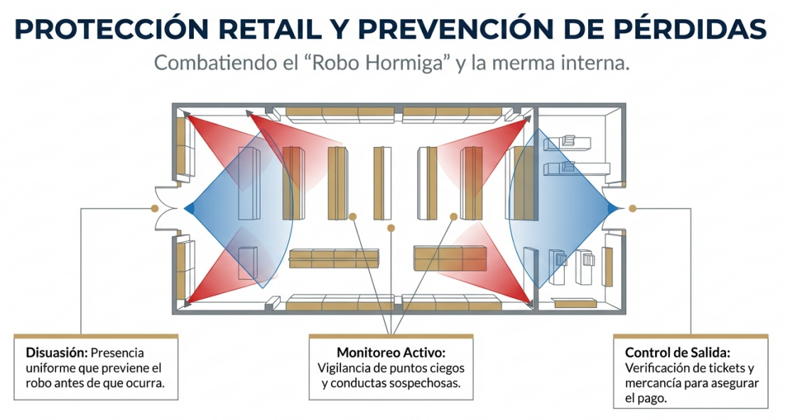 Infografía: Protección Retail y Prevención de Pérdidas - Disuasión con presencia uniforme, Monitoreo activo de puntos ciegos, Control de salida con verificación de tickets y mercancía.