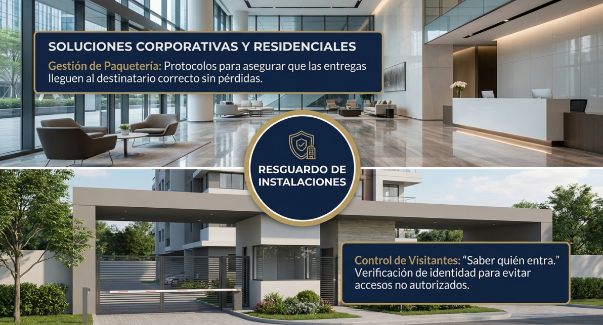 Infografía: Soluciones Corporativas y Residenciales CEPCAT - Gestión de paquetería con protocolos de entrega, Control de visitantes con verificación de identidad, Resguardo de instalaciones.